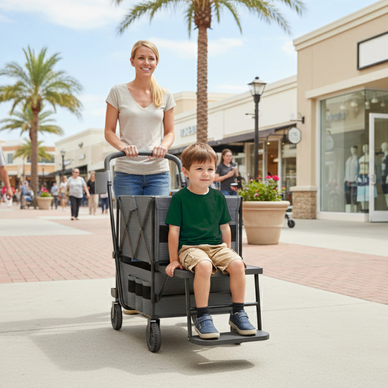 mak caddy at mall with child