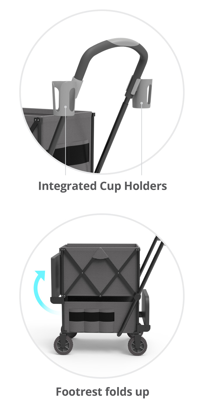 design features cup holder footrest fold up