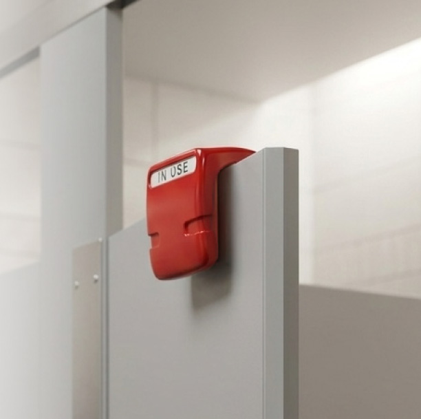 context-end product in use on stall door
