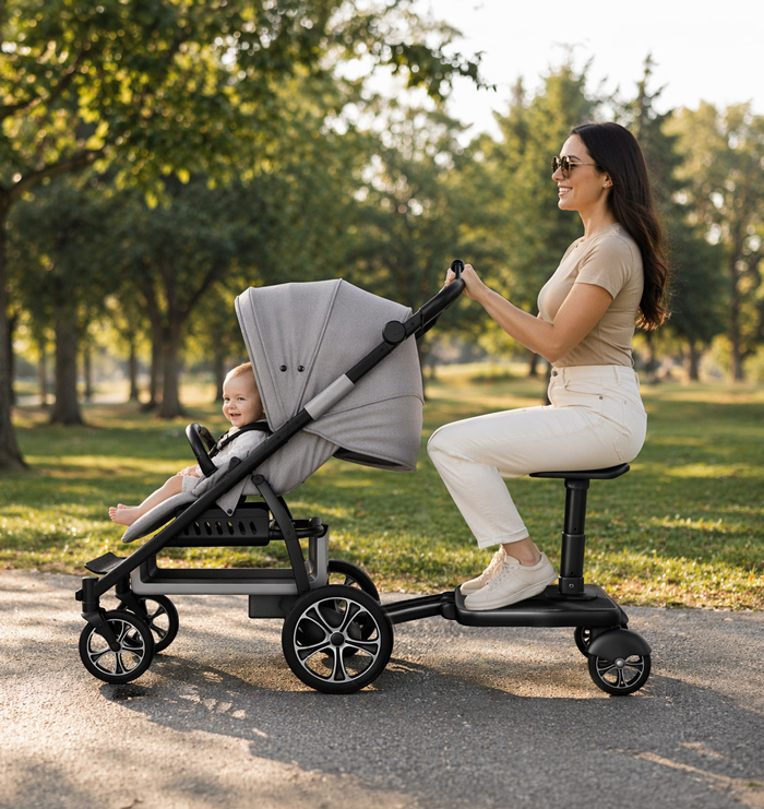 woman sitting on product while operating through park with child